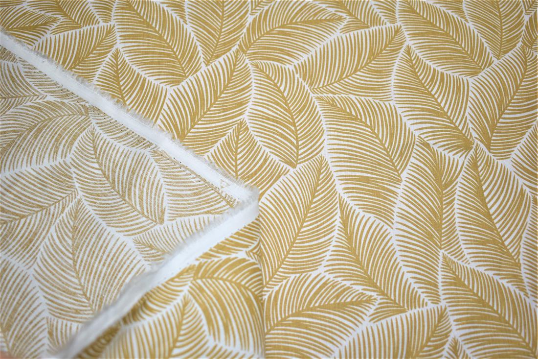 Beige Leaves Print Cotton Poplin Fabric