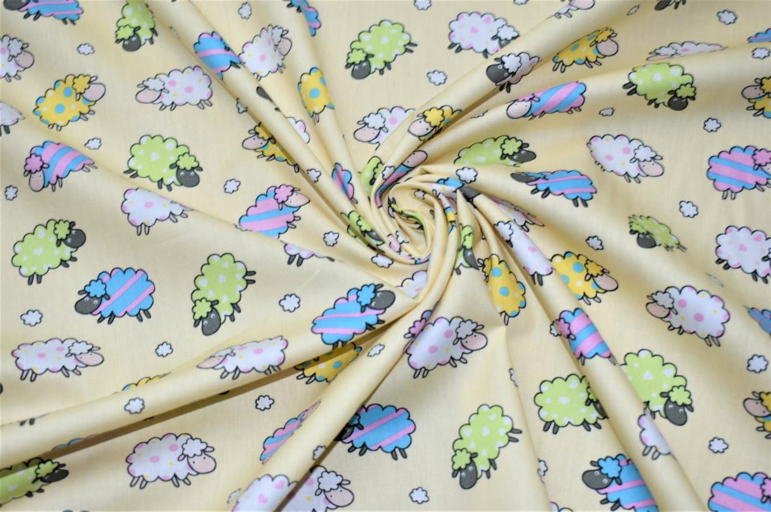 Beige Sheep Printed 100% Cotton Poplin Fabric