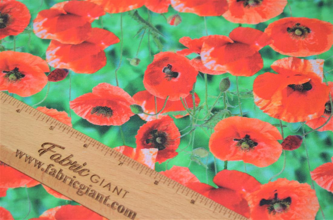 Red Little Johnny Poppy Leaves Digital 100% Cotton Fabric