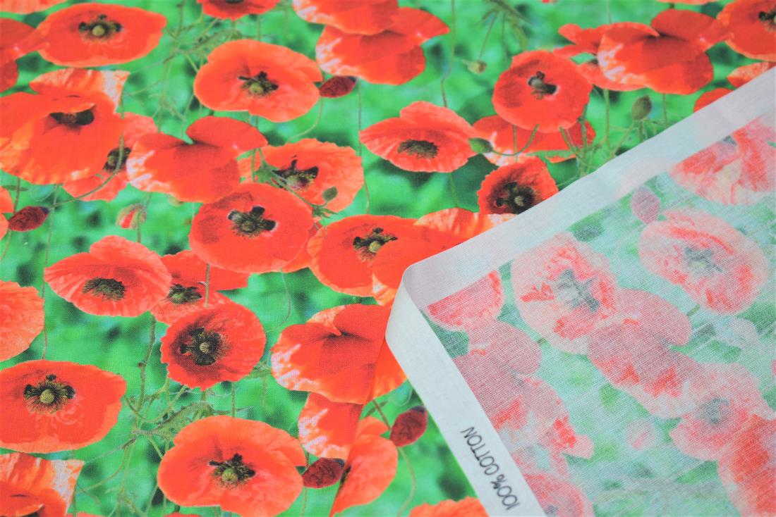 Red Little Johnny Poppy Leaves Digital 100% Cotton Fabric