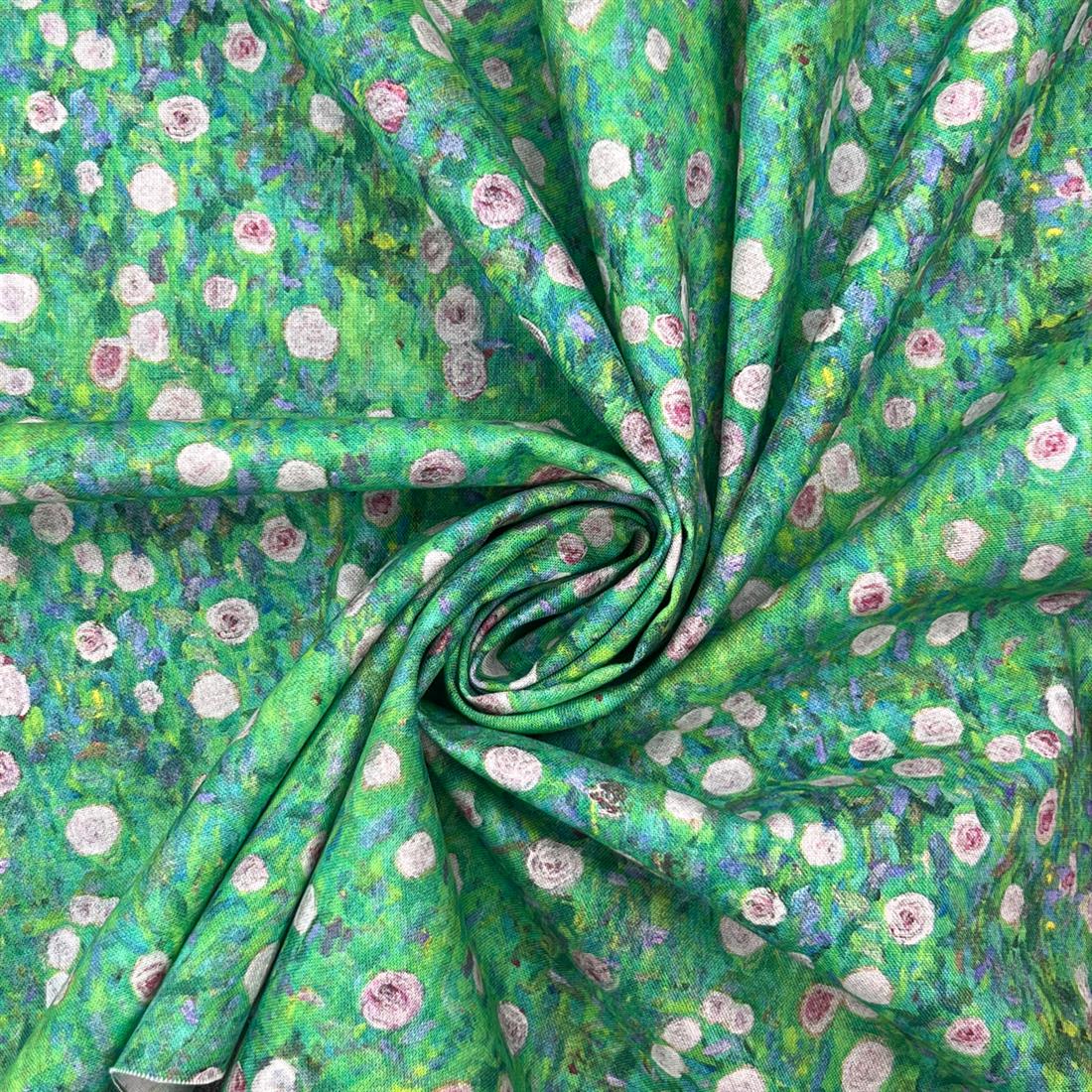 Green Klimt's White Roses -Printed 100% Cotton Fabric