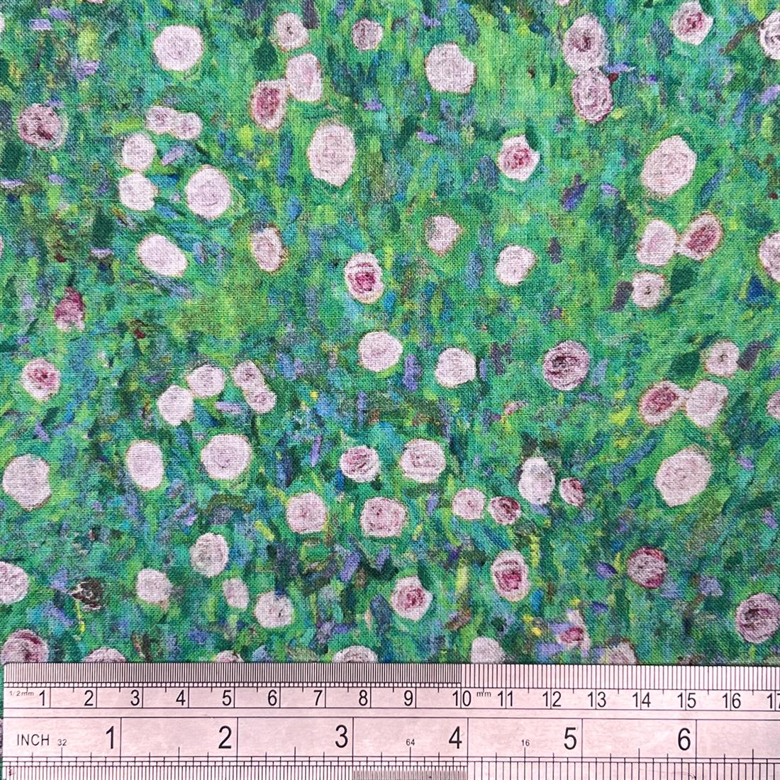 Green Klimt's White Roses -Printed 100% Cotton Fabric
