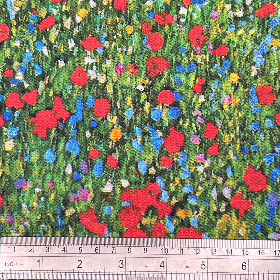 Green Klimt's Field of Poppies -Printed 100% Cotton Fabric