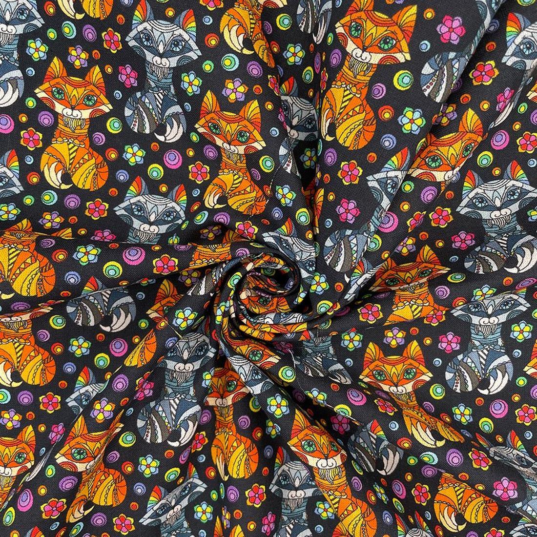Black Mosaic Fox Printed 100% Cotton Fabric