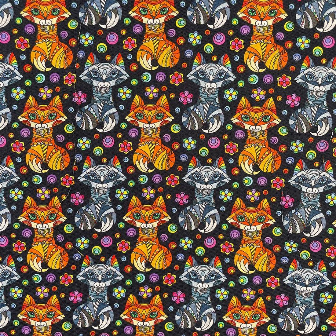 Black Mosaic Fox Printed 100% Cotton Fabric
