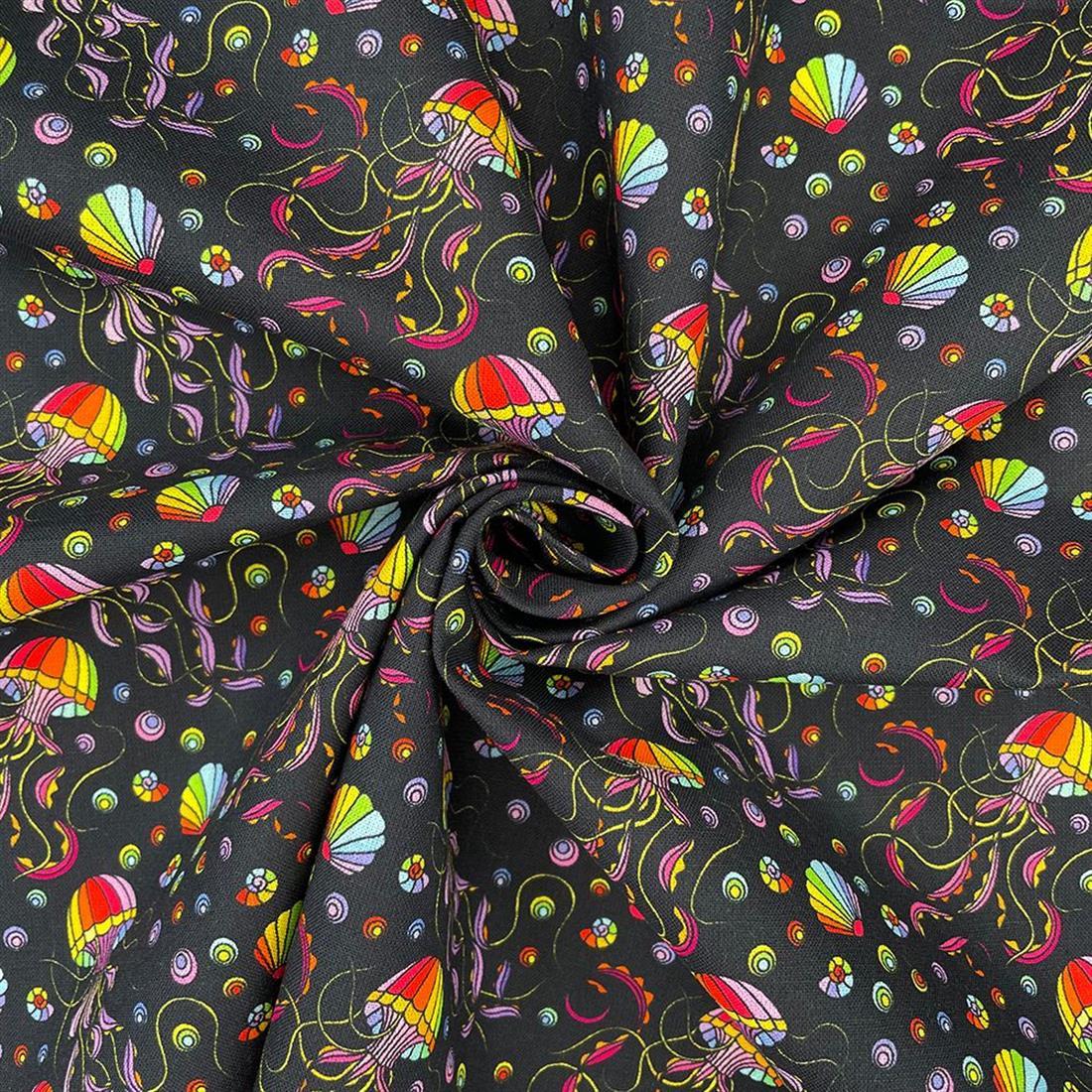 Black Mosaic Jelly Fish Printed 100% Cotton Fabric