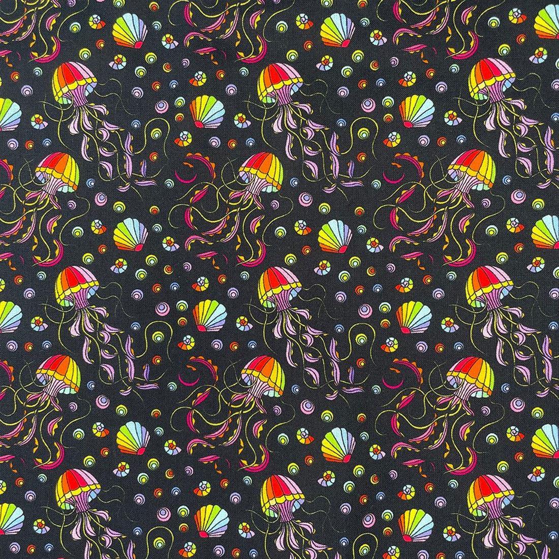 Black Mosaic Jelly Fish Printed 100% Cotton Fabric