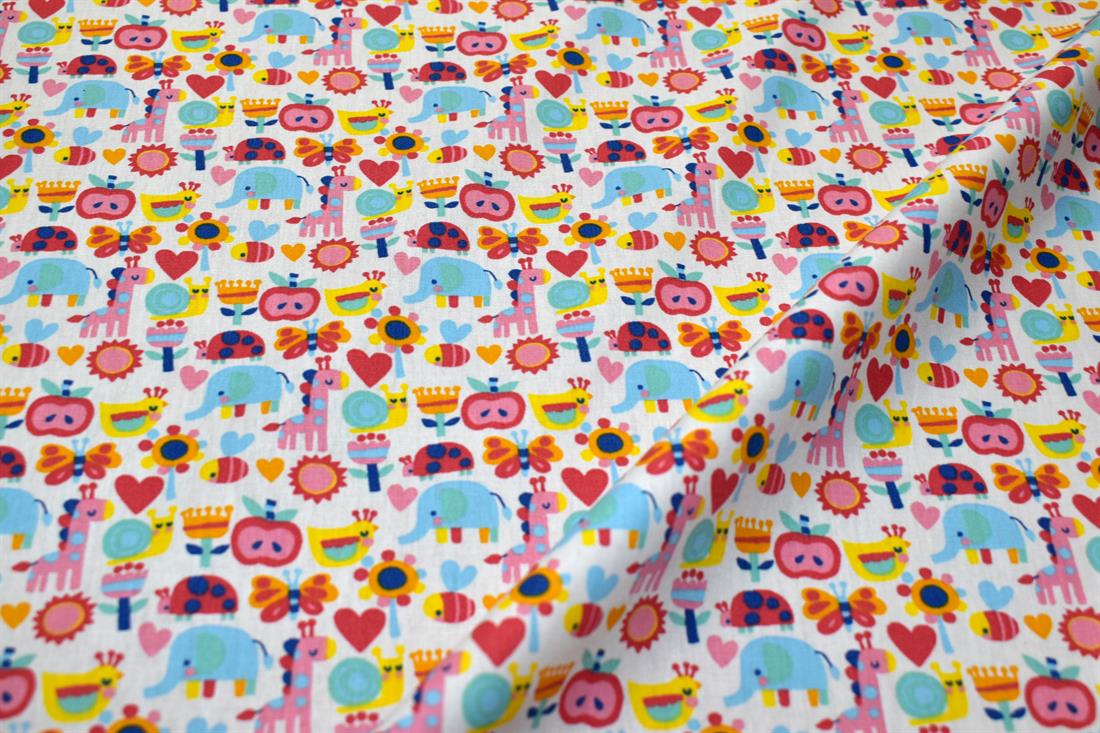 White Animal Floral Mish Mash Cotton Poplin