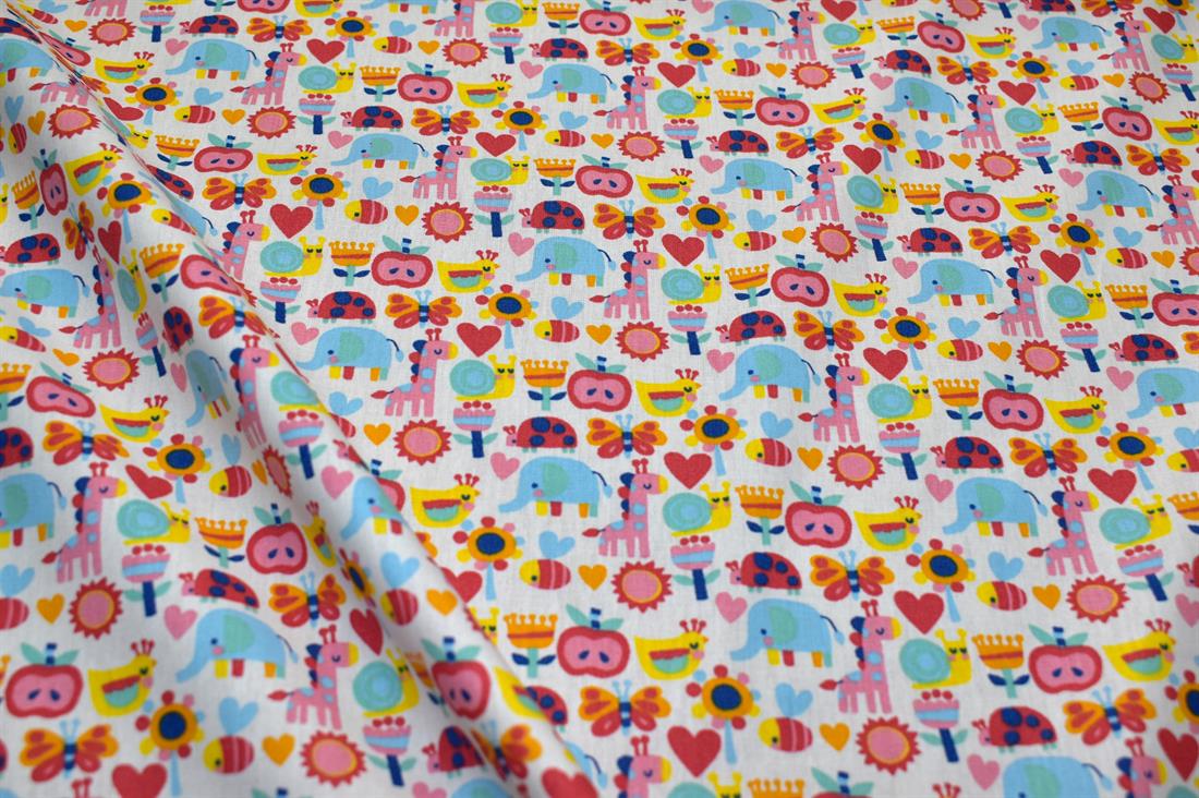 White Animal Floral Mish Mash Cotton Poplin