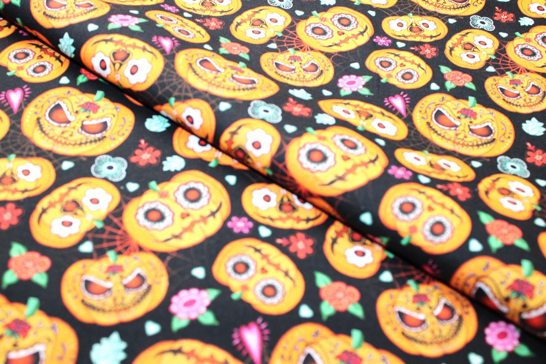 Black & Orange Pumpkins Printed 100% Cotton Fabric