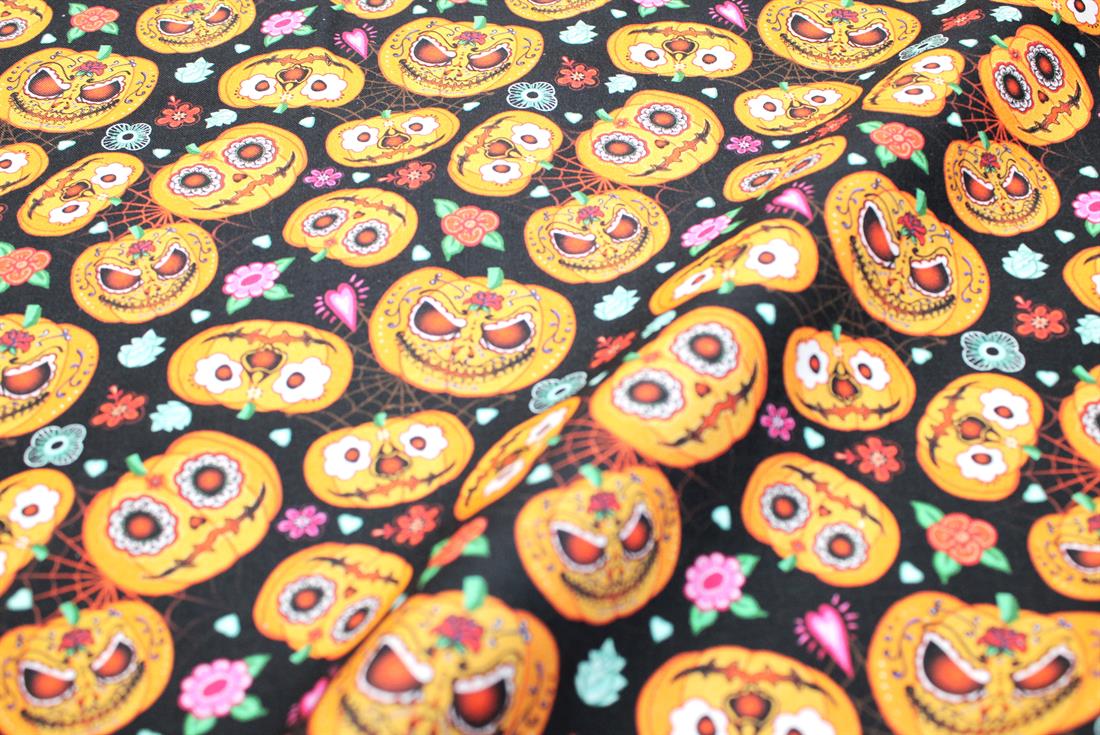 Black & Orange Pumpkins Printed 100% Cotton Fabric