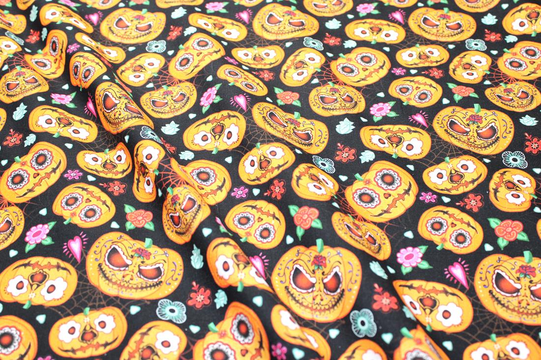 Black & Orange Pumpkins Printed 100% Cotton Fabric
