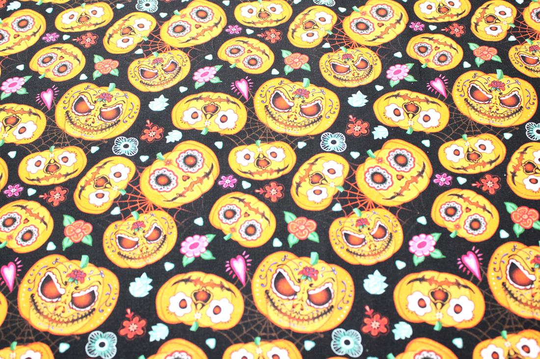 Black & Orange Pumpkins Printed 100% Cotton Fabric