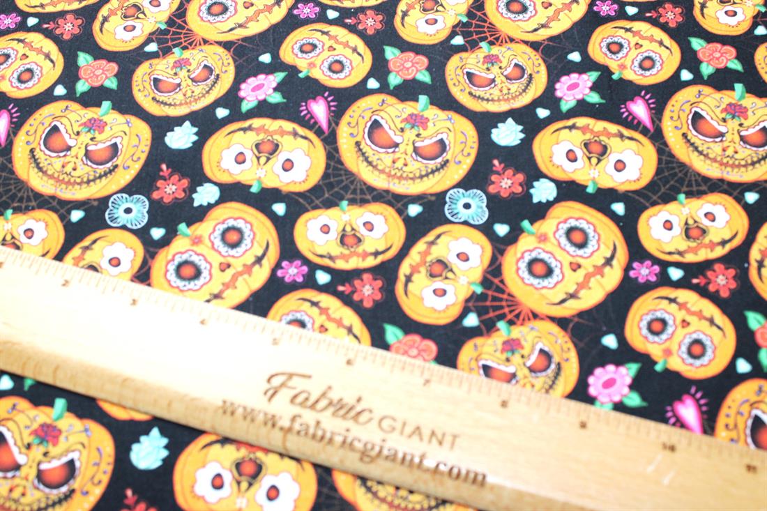 Black & Orange Pumpkins Printed 100% Cotton Fabric