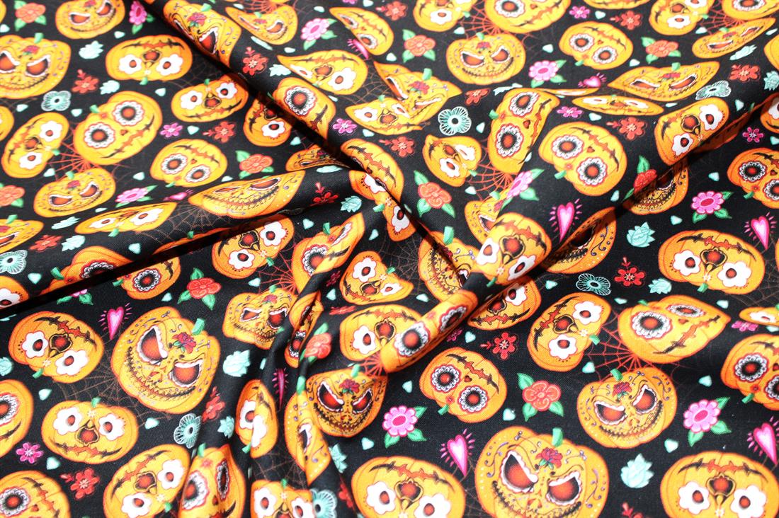 Black & Orange Pumpkins Printed 100% Cotton Fabric