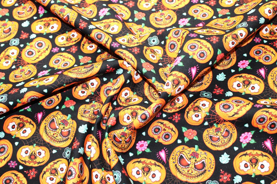 Black & Orange Pumpkins Printed 100% Cotton Fabric