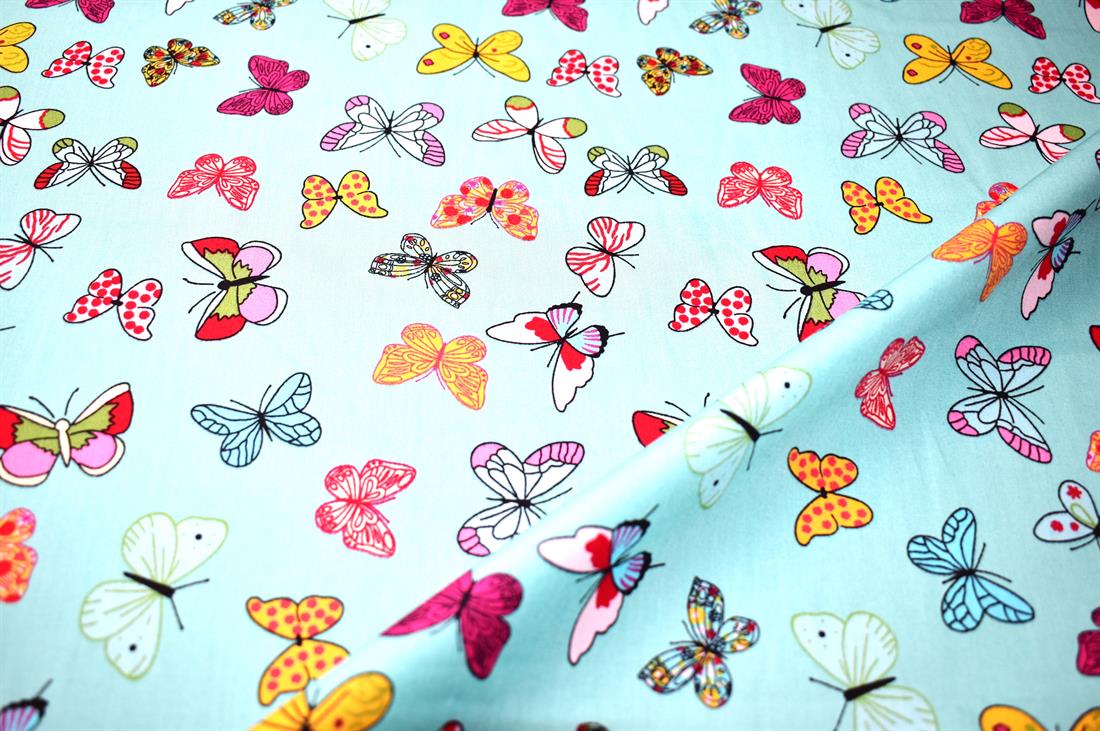 Aqua Butterfly Printed 100% Cotton Fabric