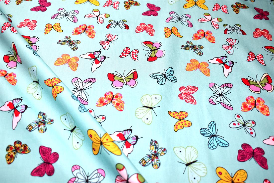 Aqua Butterfly Printed 100% Cotton Fabric