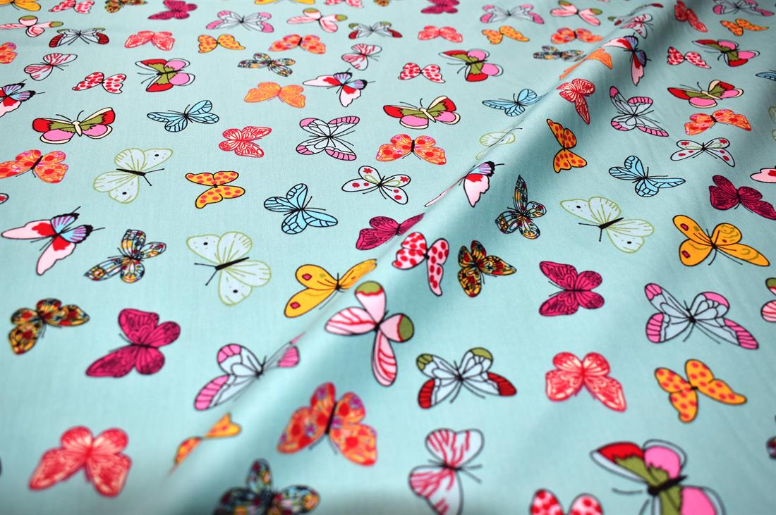 Aqua Butterfly Printed 100% Cotton Fabric