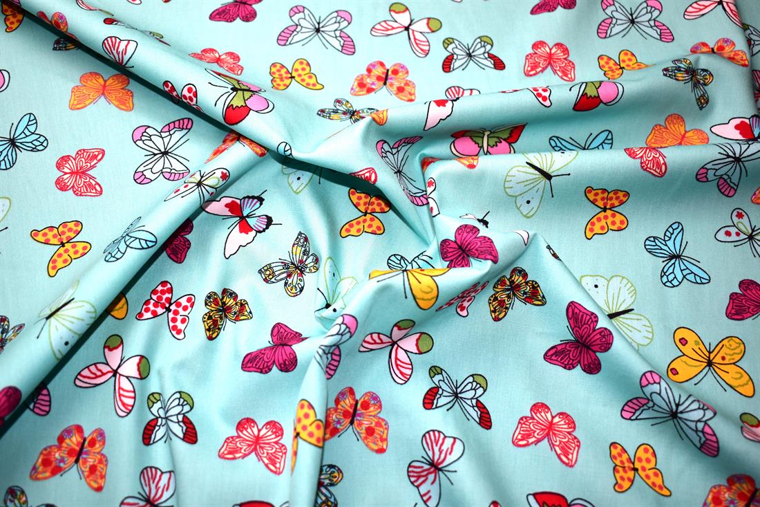 Aqua Butterfly Printed 100% Cotton Fabric