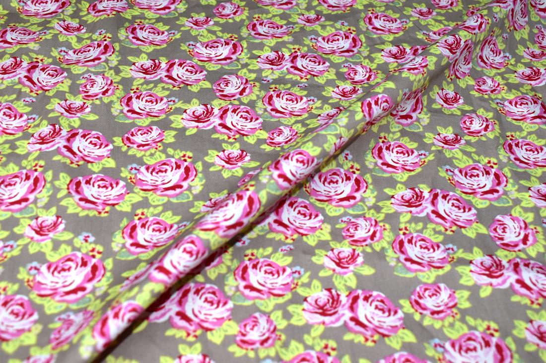 Khaki & Pink Printed 100% Cotton Fabric
