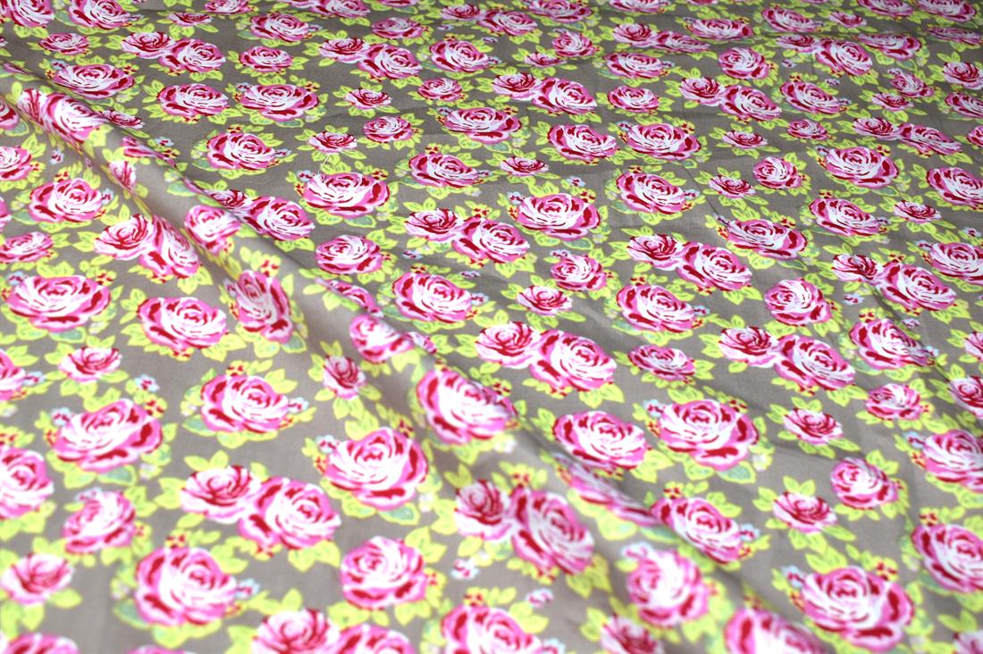 Khaki & Pink Printed 100% Cotton Fabric