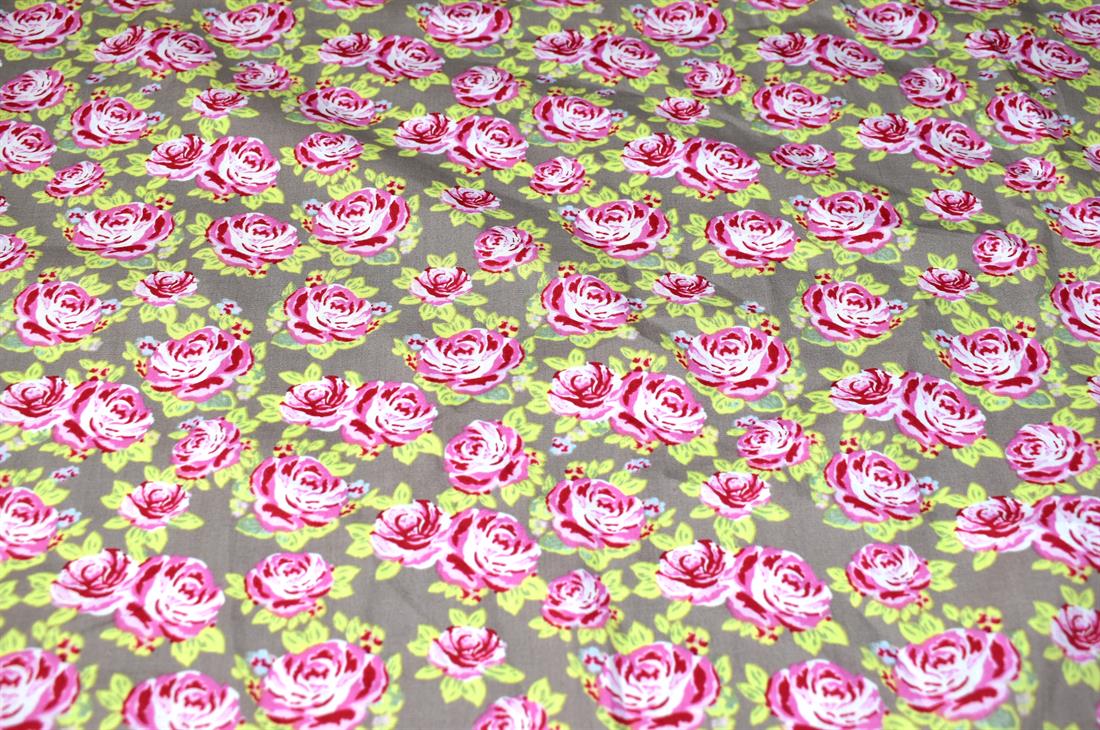 Khaki & Pink Printed 100% Cotton Fabric