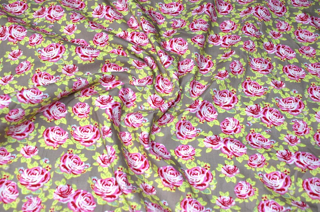 Khaki & Pink Printed 100% Cotton Fabric