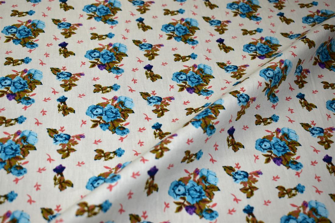 Cream & Blue Printed 100% Cotton Poplin