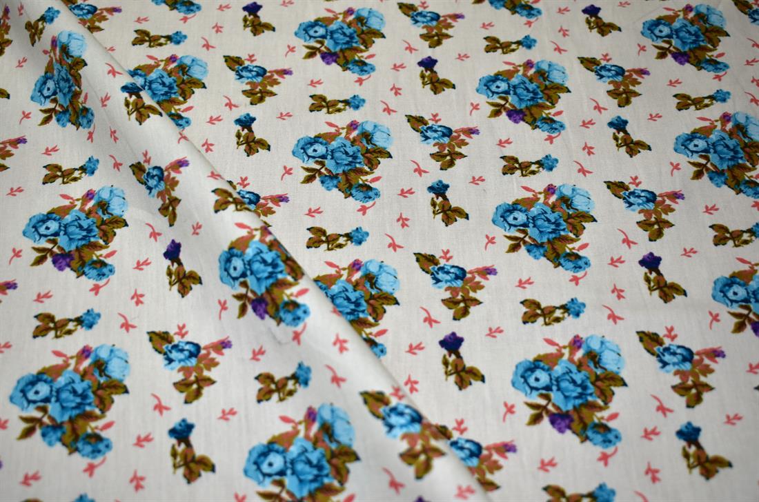 Cream & Blue Printed 100% Cotton Poplin