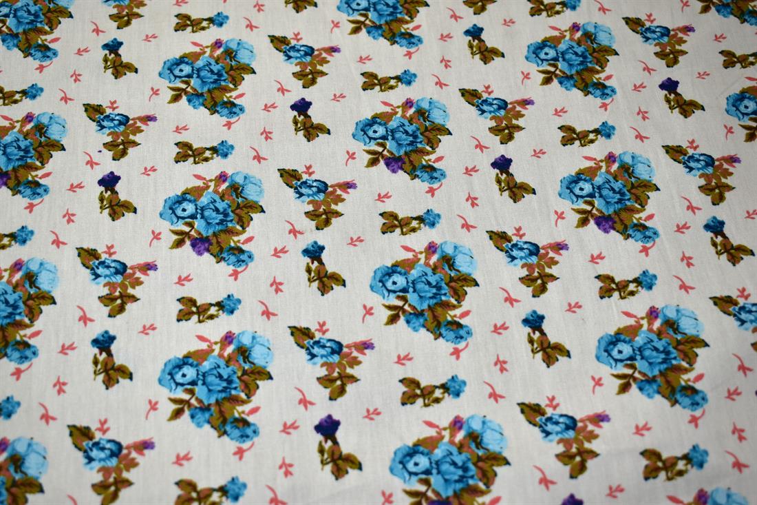 Cream & Blue Printed 100% Cotton Poplin