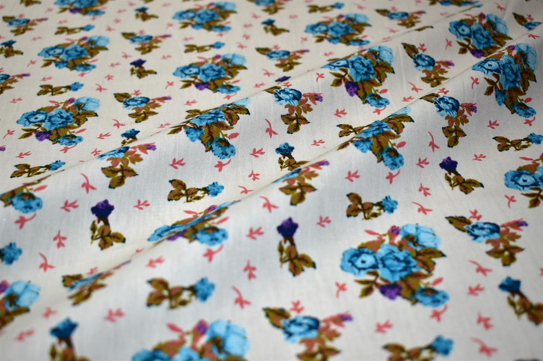 Cream & Blue Printed 100% Cotton Poplin
