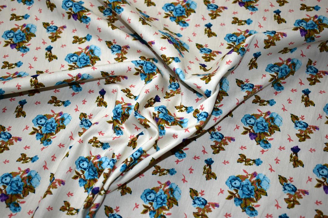 Cream & Blue Printed 100% Cotton Poplin