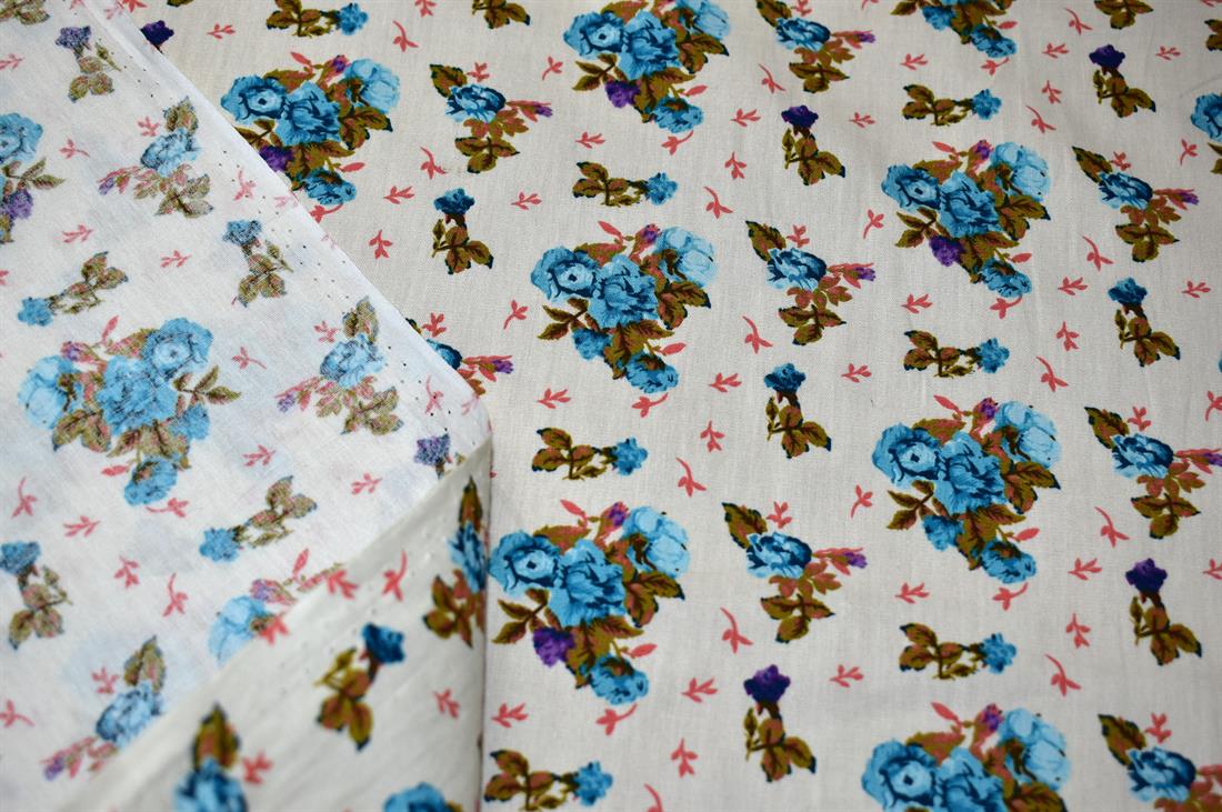 Cream & Blue Printed 100% Cotton Poplin