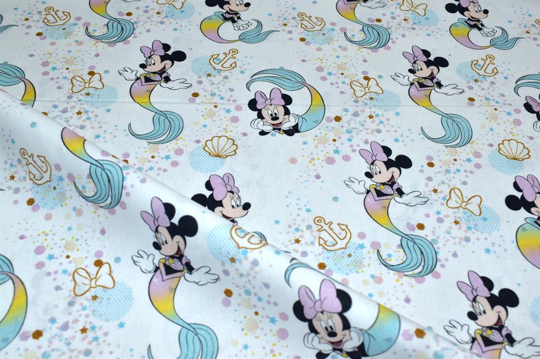 White Little Johnny Minnie Mouse Printed 100% Cotton Fabric
