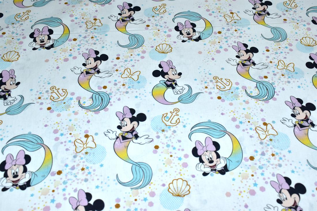White Little Johnny Minnie Mouse Printed 100% Cotton Fabric