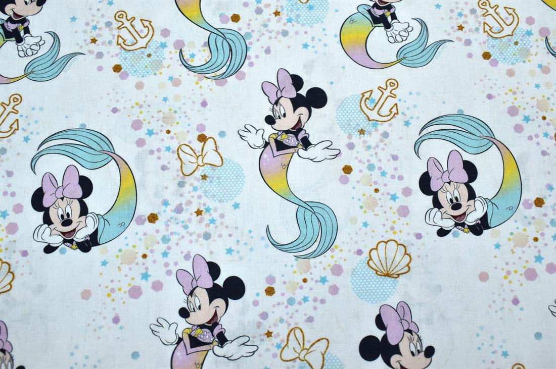 White Little Johnny Minnie Mouse Printed 100% Cotton Fabric