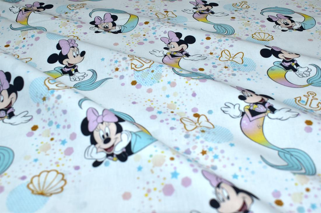 White Little Johnny Minnie Mouse Printed 100% Cotton Fabric