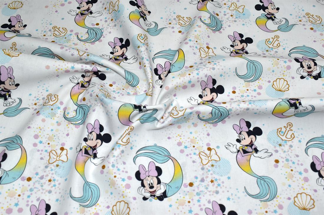 White Little Johnny Minnie Mouse Printed 100% Cotton Fabric