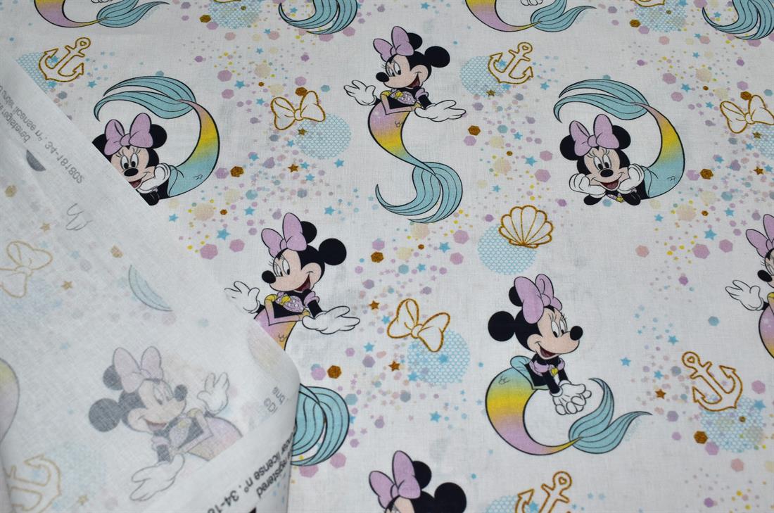 White Little Johnny Minnie Mouse Printed 100% Cotton Fabric