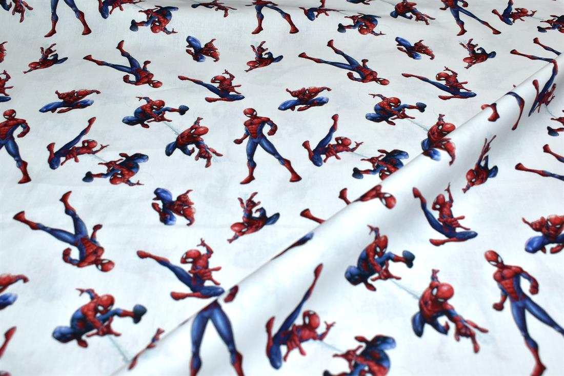 White Little Johnny Spiderman Printed 100% Cotton Fabric