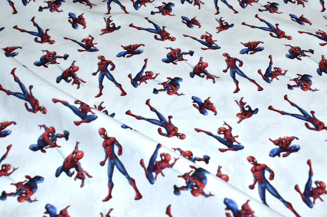 White Little Johnny Spiderman Printed 100% Cotton Fabric