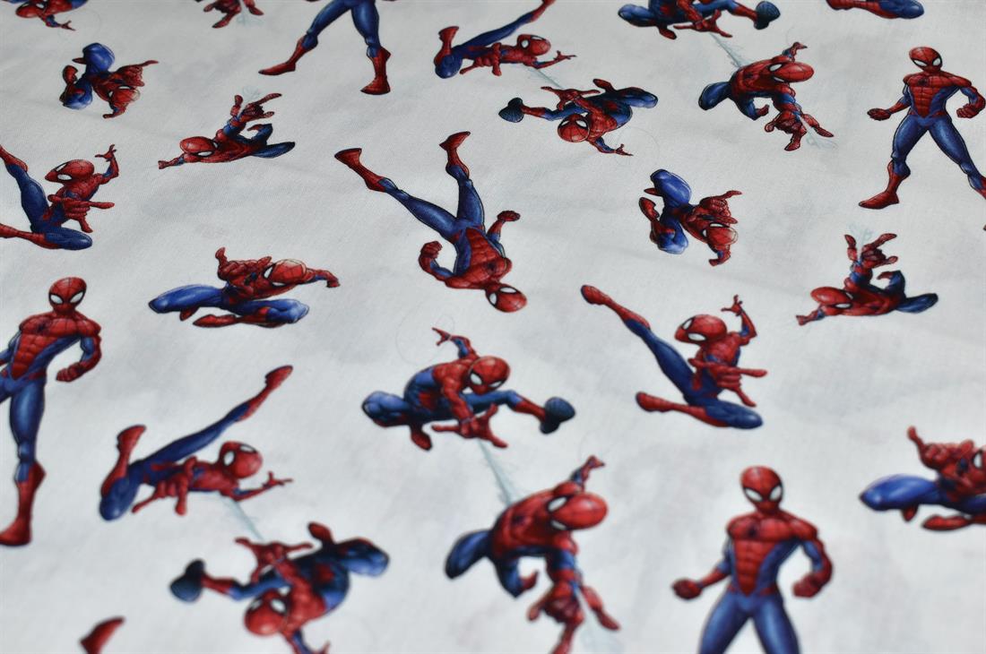 White Little Johnny Spiderman Printed 100% Cotton Fabric