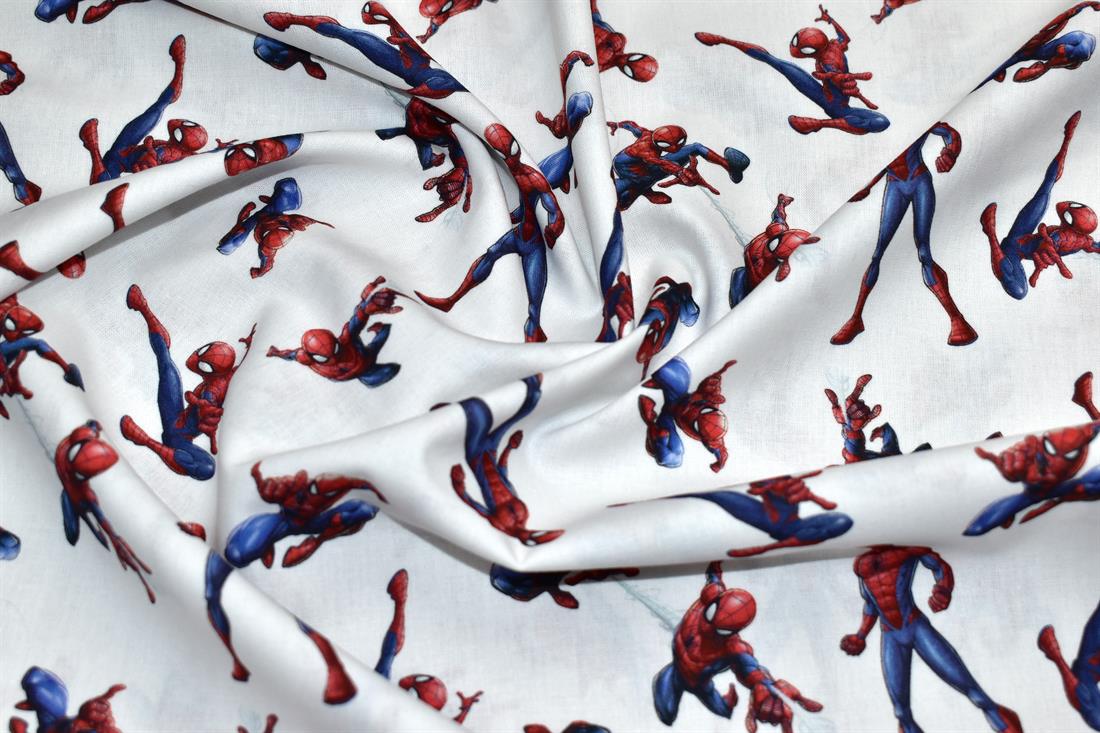 White Little Johnny Spiderman Printed 100% Cotton Fabric