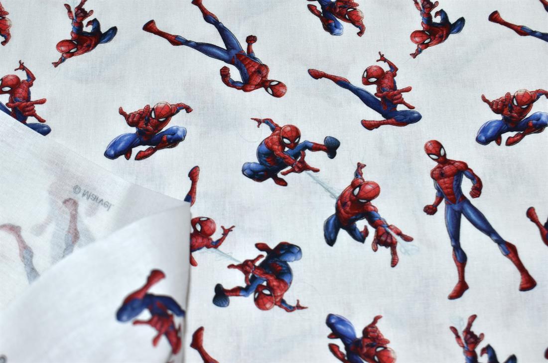 White Little Johnny Spiderman Printed 100% Cotton Fabric