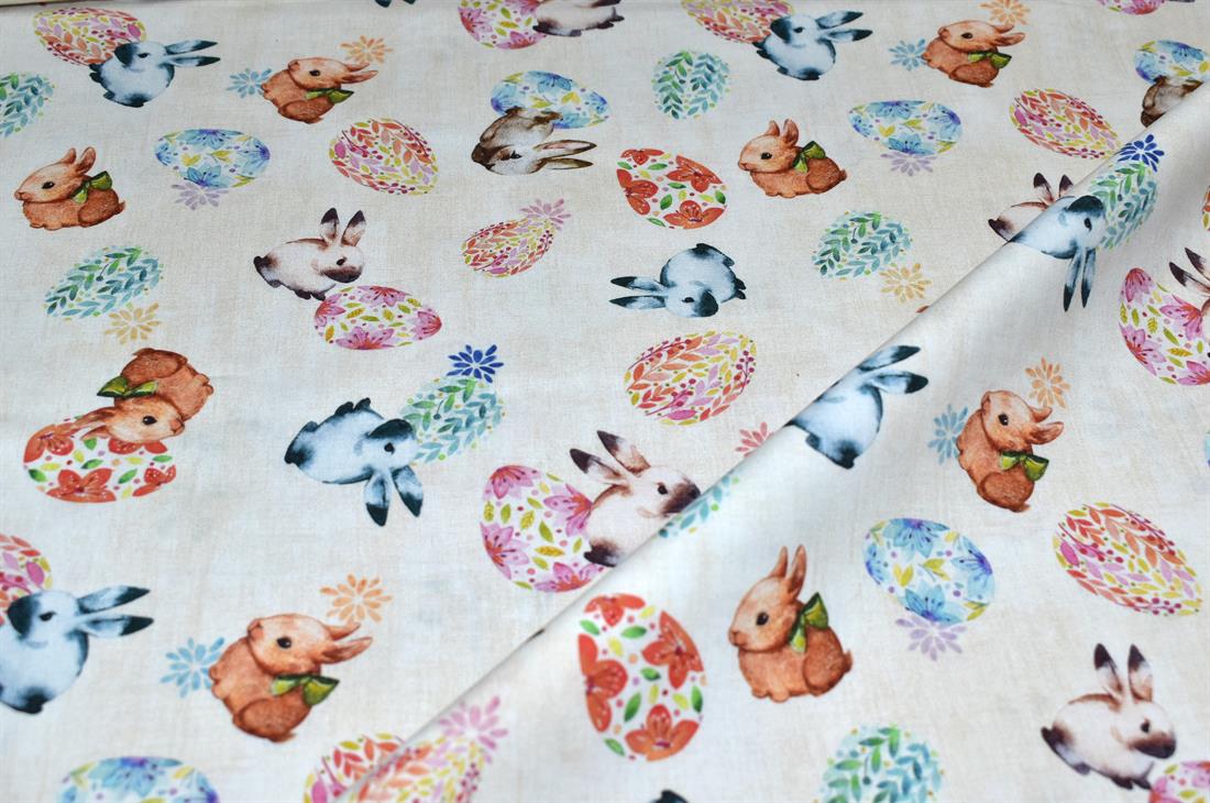 Cream Rabbit Printed 100% Cotton Fabric