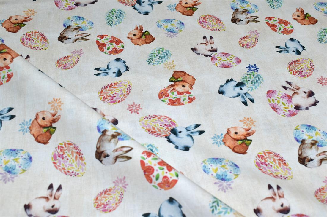 Cream Rabbit Printed 100% Cotton Fabric