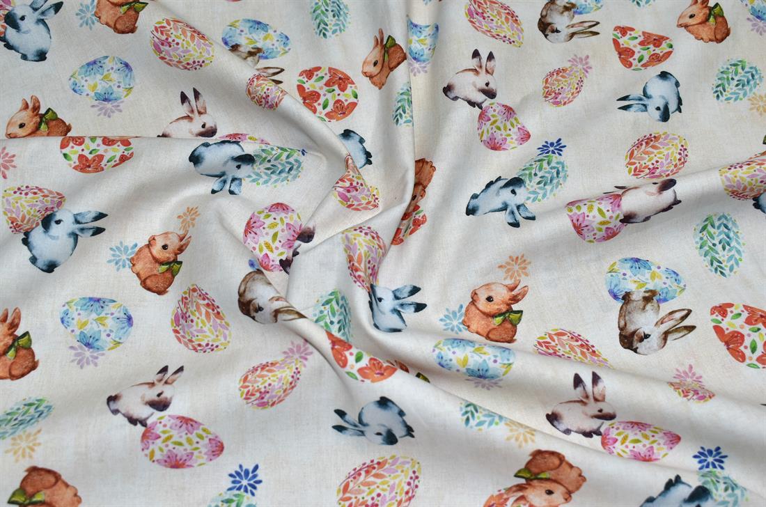 Cream Rabbit Printed 100% Cotton Fabric