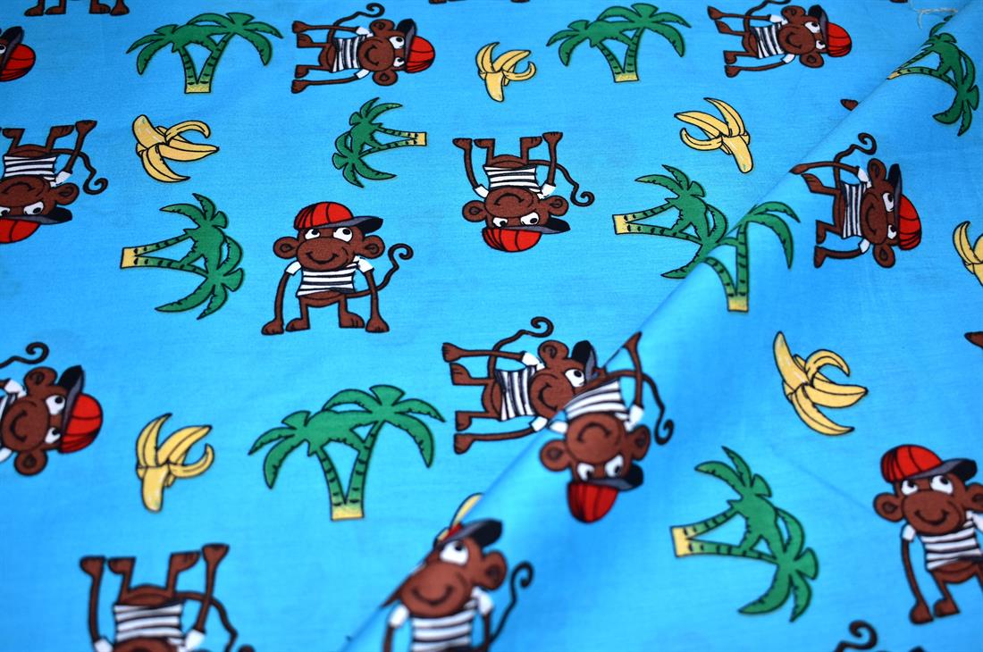 Blue Printed Monkey 100% Cotton Poplin Fabric