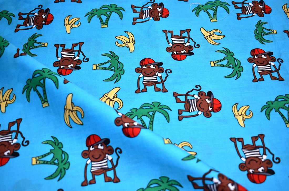 Blue Printed Monkey 100% Cotton Poplin Fabric